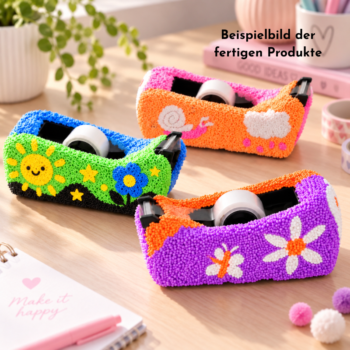 Einfachschenken Kreativset Geschenke selber machen – drei kreativ verzierte Pultabroller mit bunten Motiven als Beispiel für fertige Bastelprojekte.