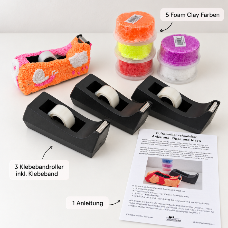 Einfachschenken Kreativset Geschenke selber machen mit drei Klebebandrollern, fünf Foam-Clay-Farben, Klebeband und Bastelanleitung.