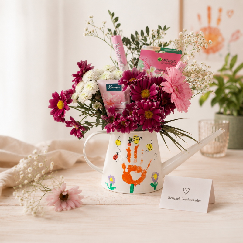 Weisse Giesskanne mit buntem Kinderhandabdruck und Blumenstrauss als persönliches Geschenk zum Muttertag oder Geburtstag.