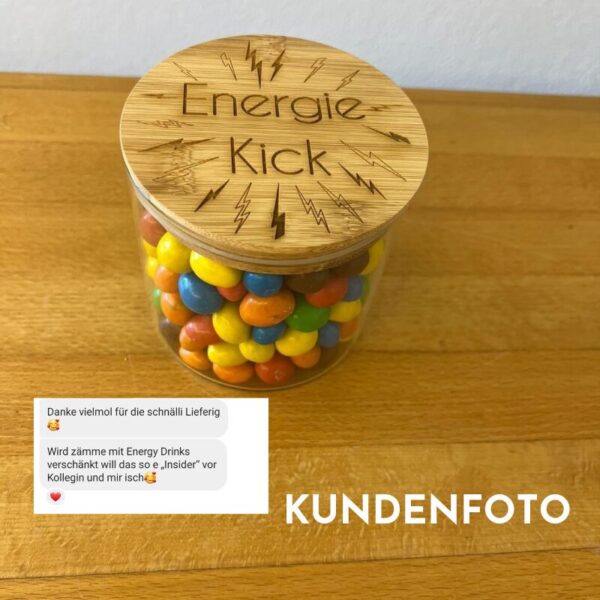 Kundenfoto Einfachschenken Vorratsglas graviert Energie-Kick