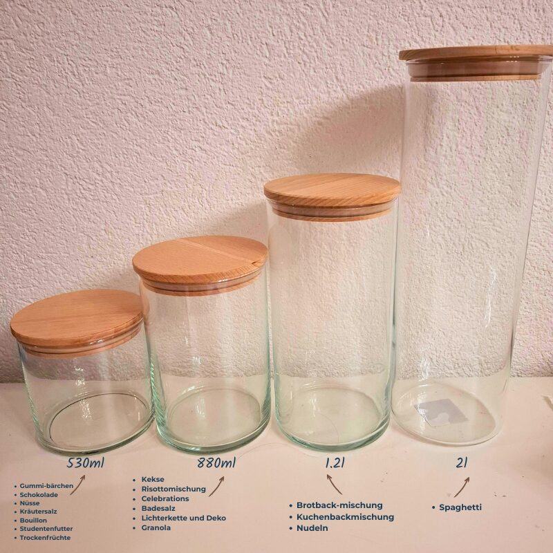 Einfachschenken personalisierte Vorratsgläser mit Gravur Grössenvergleich