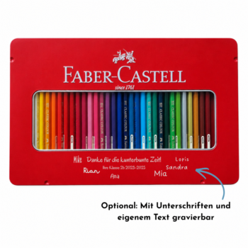 Rote Faber-Castell Classic Colour Metallbox mit gravierten Unterschriften und eigenem Text als persönliches Geschenk für Lehrpersonen oder Kinder.