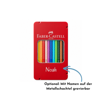 Rote Faber-Castell Colour Grip Metallschachtel mit optional gravierbarem Namen als persönliches Geschenk für Kinder zum Schulstart oder Geburtstag.