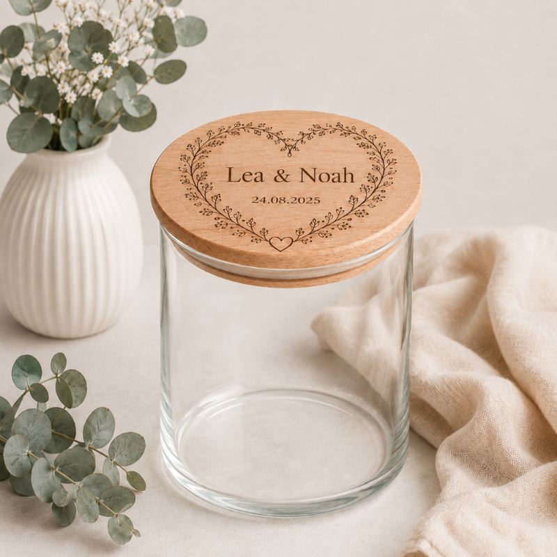 Personalisiertes Vorratsglas mit Gravur auf dem Holzdeckel, Namen des Brautpaars, herzförmiger Blumenkranz und Hochzeitsdatum, als Hochzeitsgeschenk