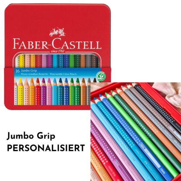 Faber-Castell Jumbo Grip Farbstifte 16 Stk. – personalisiert mit Namen. In Metallbox, perfekt als Geschenk für Kinder zum Malen, Schulstart & Geburtstag.