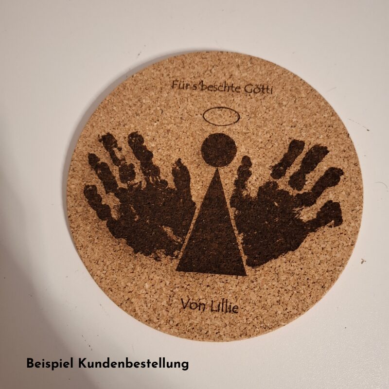 Korkuntersetzer mit Gravur Pfannenuntersetzer Geschenkidee für Gotti, Götti, Grosseltern mit Handabdruck zu Weihnachten oder Geburtstag