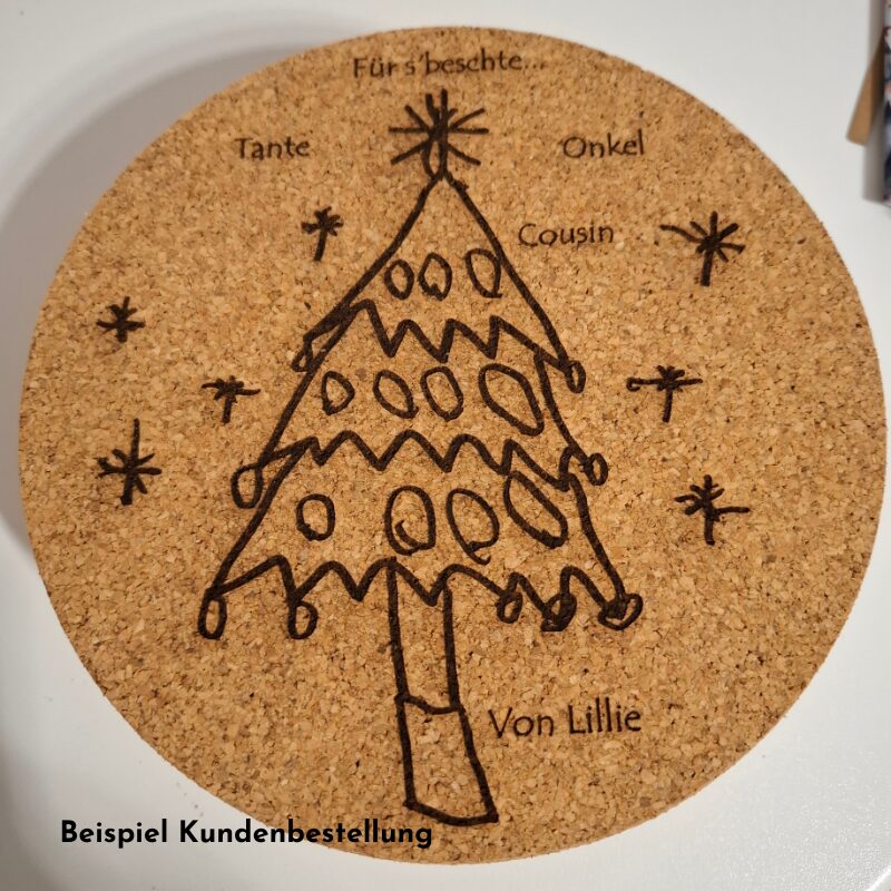 Korkuntersetzer mit Gravur Pfannenuntersetzer Geschenkidee für Gotti, Götti, Grosseltern mit Kinderzeichnung zu Weihnachten oder Geburtstag