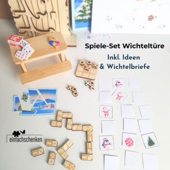 Das Spiele Set für Wichtel bringt mit Mini Würfeln und Karten grossen Spass in die kleine Welt. Inklusive Ideen für Aufgaben und Wichtelbriefe – der Hit an jeder Wichteltür!