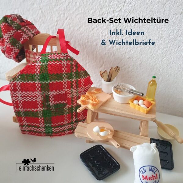 Das Einfachschenken Mini Back-Set Zubehör für den Wichtel ist die ideale Ergänzung der Wichteltüre. Mit tollem Mini Sachen, Ideen und Wichtelbriefen.
