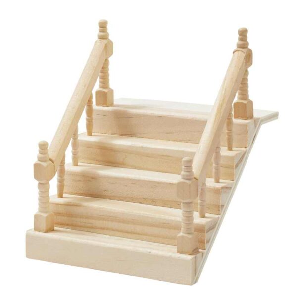 Elegante Mini-Treppe aus hellem Holz für die Wichteltüre und Puppenhaus. Mit fünf Stufen, doppelseitigen Handläufen und gedrechselten Säulen.