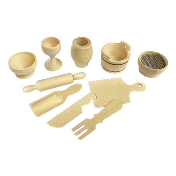 Entdecke das 10-teilige Mini Küchen Utensilien Set aus Holz für deine Wichtel Miniatur-Backstube! Perfekt auch für Puppenhäuser.