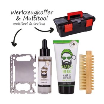 Geschenkset für Männer: Hair & Body Wash, Bartöl & Multitool im Werkzeugkoffer – vegan & parabenfrei. Perfekt als Weihnacht- oder Wichtelgeschenk.