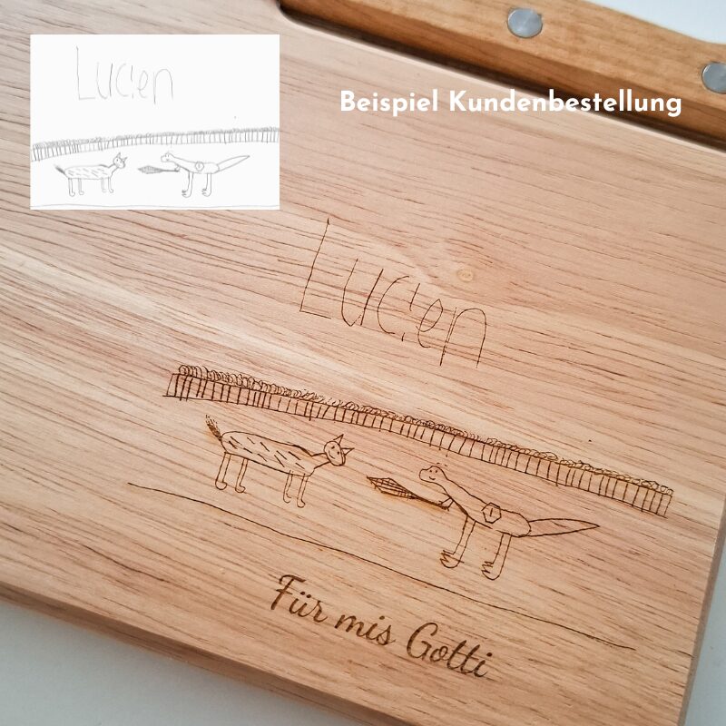 Persönliches Schneidebrett mit Kinderzeichnung und integriertem Messer. Ein einzigartiges Geschenk für Gotti zum Geburtstag selbst gemacht, personalisiert mit Wunschgravur, Beispiel Kundenbestellung