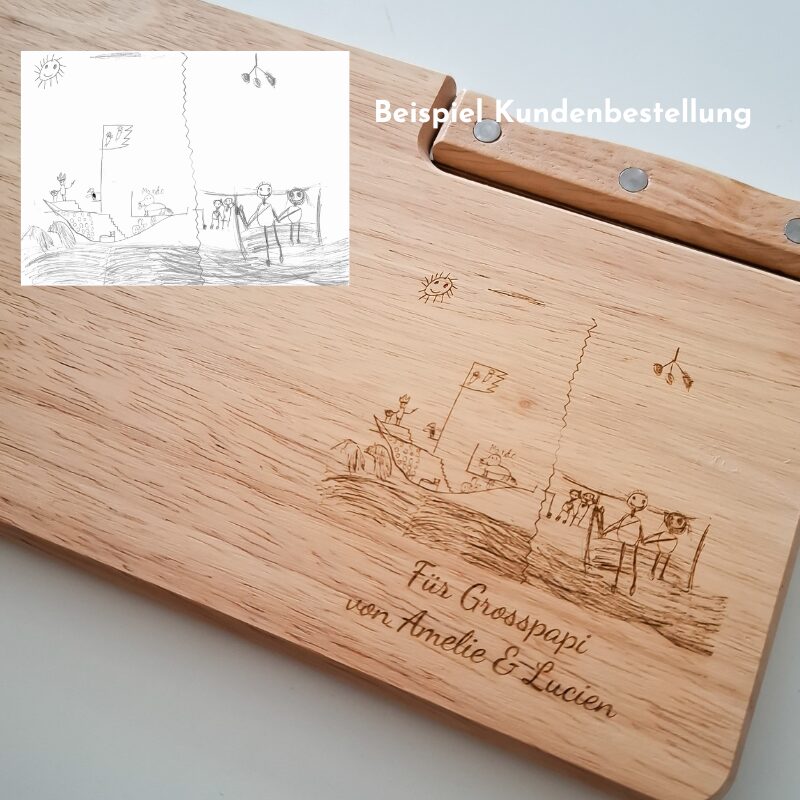 Persönliches Schneidebrett mit Kinderzeichnung und integriertem Messer. Ein einzigartiges Geschenk für Opa, Grossvater von dem Enkelkind und der Enkelin zum Geburtstag selbst gemacht, personalisiert mit Wunschgravur, Beispiel Kundenbestellung
