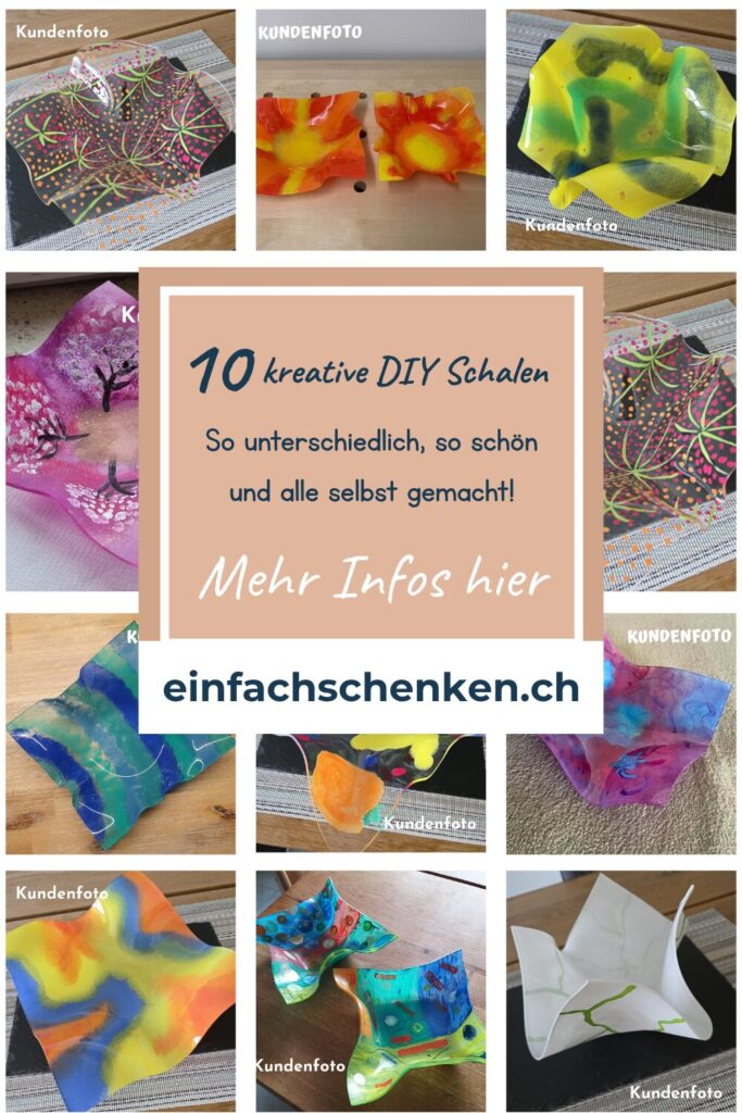Collage mit 10 farbenfrohen DIY-Schalen aus Acrylglas, alle individuell bemalt und geformt – kreative Bastelideen von Kundinnen des einfachschenken.ch Bastelsets. Die selbstgemachten Schalen zeigen vielfältige Designs und Farben, von kräftigem Blau und Gelb bis zu Pastelltönen und Mustern. In der Mitte steht der Text: „10 kreative DIY Schalen – So unterschiedlich, so schön und alle selbst gemacht! Mehr Infos hier – einfachschenken.ch“. Inspiration und Beispiele für das DIY Geschenkset „Schale aus Acrylglas“.