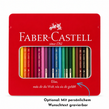Rote Faber-Castell Classic Colour Metallbox mit graviertem Wunschtext als persönliches Geschenk für Kinder zum Geburtstag, Schulstart oder zur Einschulung