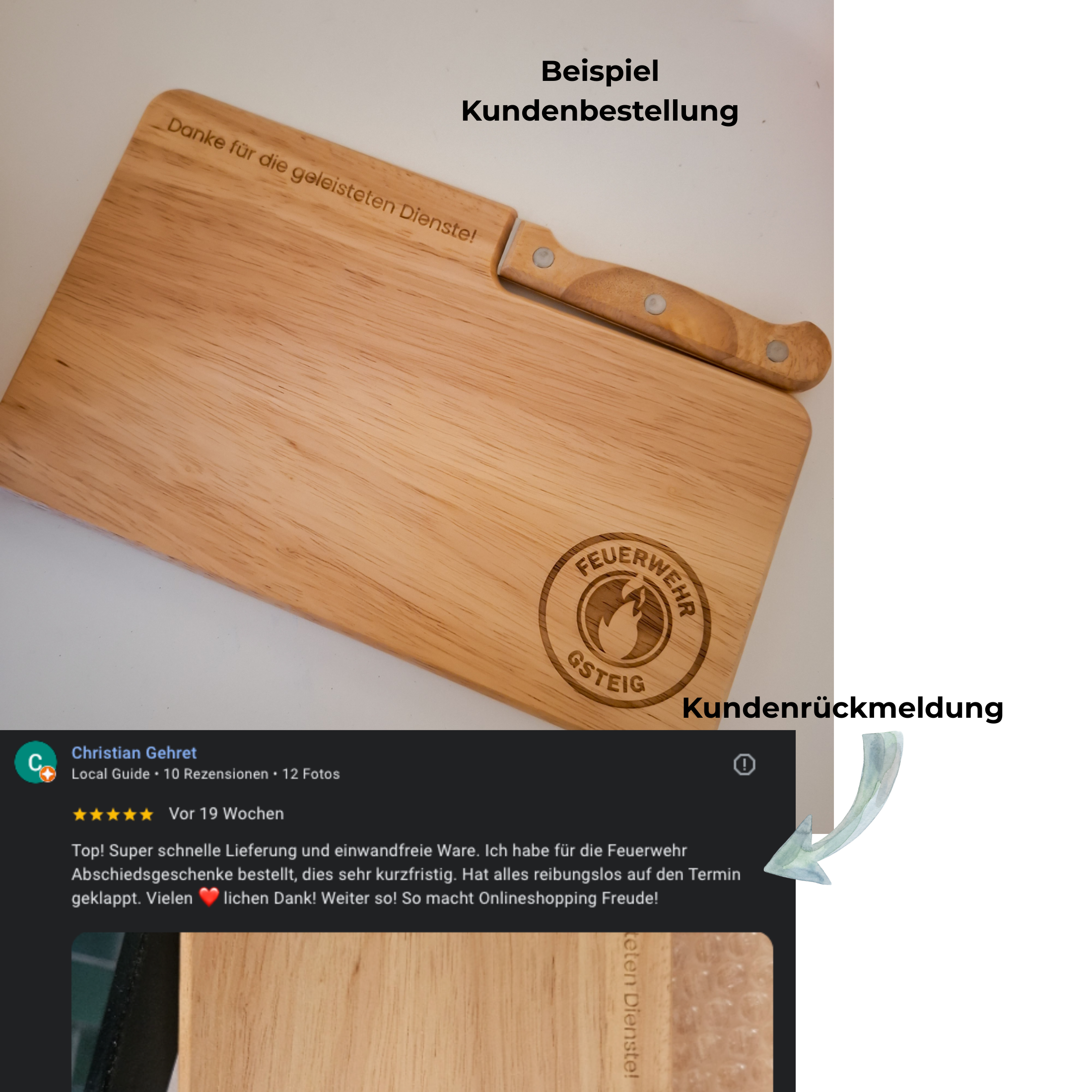 Personalisiertes Schneidebrett aus Holz mit Gravur als Abschiedsgeschenk für Feuerwehr eigenes Logo / Wunschdesign mit Kundenbewertung