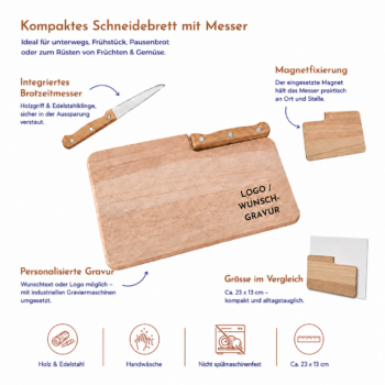 Personalisiertes Schneidebrett mit integriertem Messer, Magnetfixierung, Pflegehinweisen und Grössenvergleich zu einem A4-Blatt.