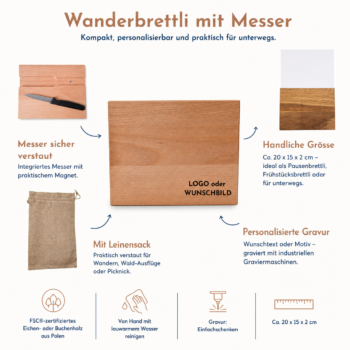 Personalisiertes Schneidebrett Wanderbrettli mit integriertem Messer, Leinensack, personalisierter Gravur, Pflegehinweisen und Grössenangabe von ca. 20 x 15 x 2 cm.
