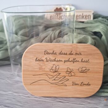 Sag „Danke“ mit einem persönlich gravierten Vorratsglas – das perfekte Abschiedsgeschenk für Kita, Spielgruppe & Tagesmutter. Mit Wunschtext rechteckig