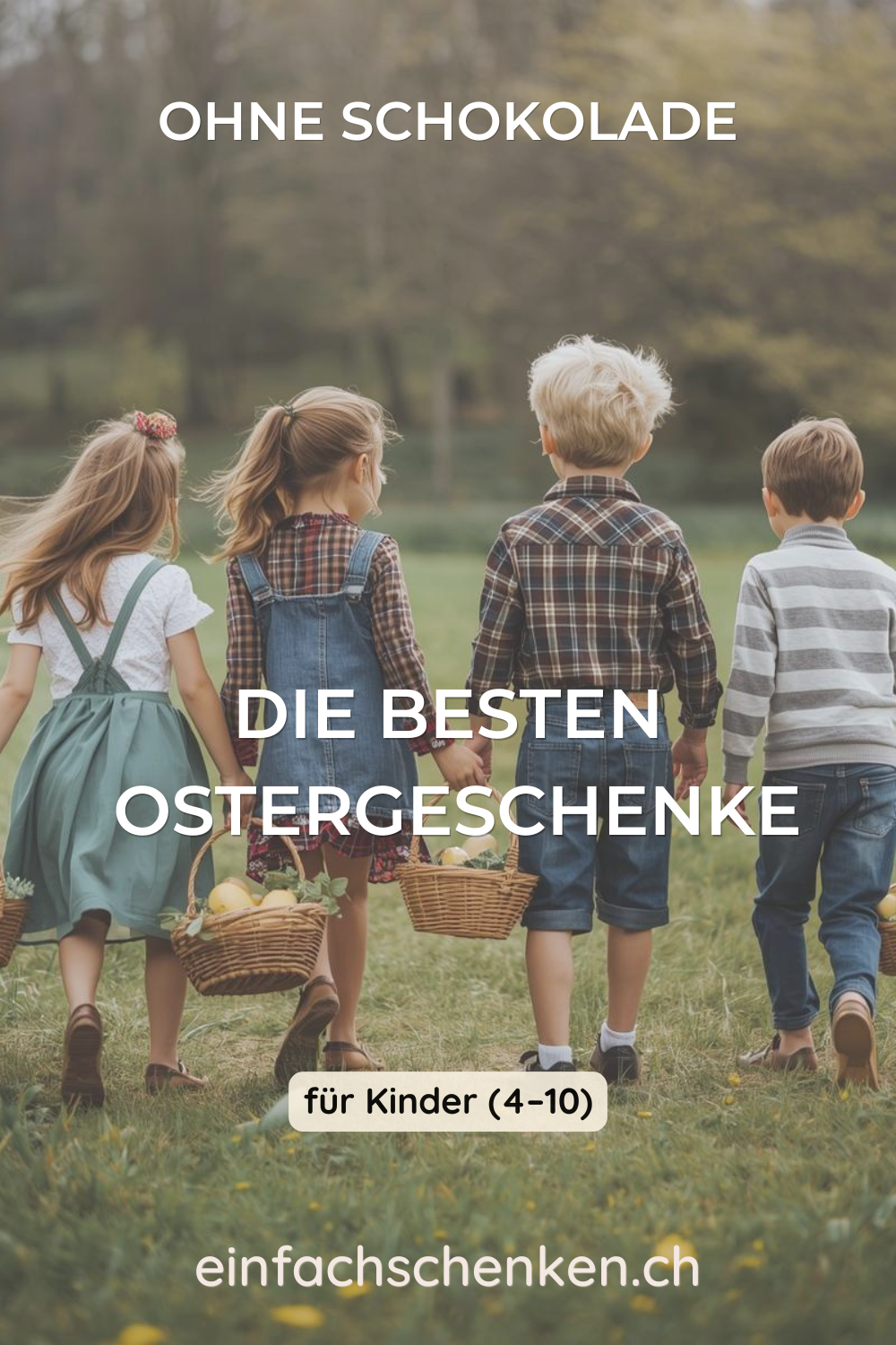 Kind mit Osterkorb im warmen Sonnenlicht auf einer Wiese, moderner Pinterest Stil, Fokus auf kreative Ostergeschenke für Kinder von 4 bis 10 Jahren ohne Schokolade