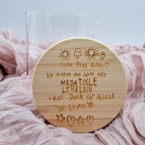 Persönliches Abschiedsgeschenk für LehrerInnen oder Kita - Vorratsglas mit Unterschriften der Kinder graviert – perfekt für Gutscheine, Süssigkeiten...