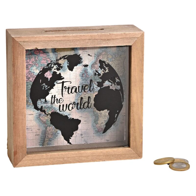 Spardose „Travel the World“ – Geschenkverpackung für Geldgeschenke zum Reisen, Abschied, Geburtstag oder Hochzeit. Weltkarten-Design im Holzrahmen.