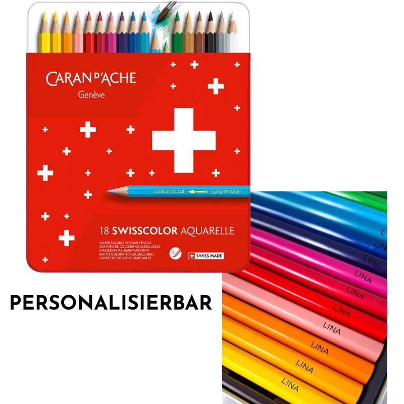 Farbstifte personalisiert mit Namen von Caran d’Ache – 18 Swisscolor Aquarelle in Metallbox. Ideal als Geschenk zur Einschulung, zum Geburtstag