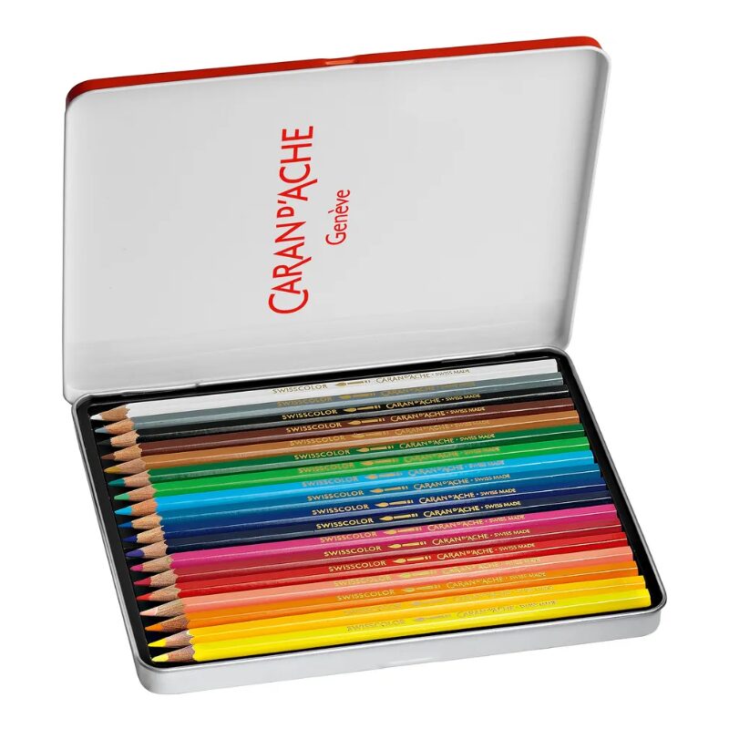 Farbstifte personalisiert mit Namen von Caran d’Ache – 18 Swisscolor Aquarelle in Metallbox. Ideal als Geschenk zur Einschulung, zum Geburtstag
