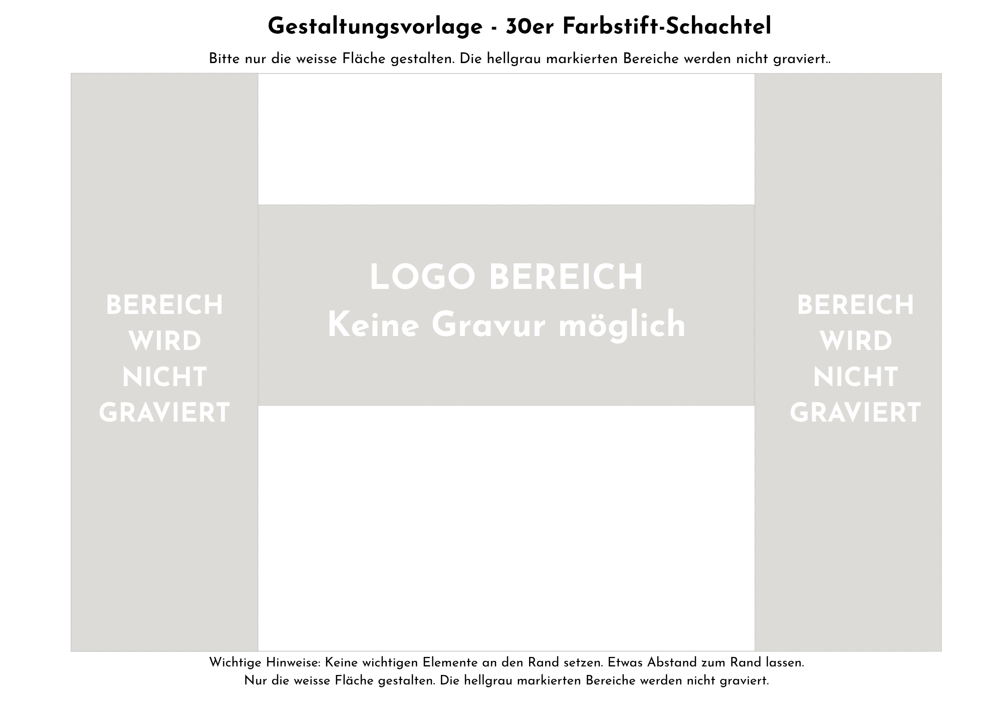 Gestaltungsvorlage für die Innenseite einer 30er Farbstift-Schachtel mit weisser Gestaltungsfläche und ausgespartem Markenbereich.
