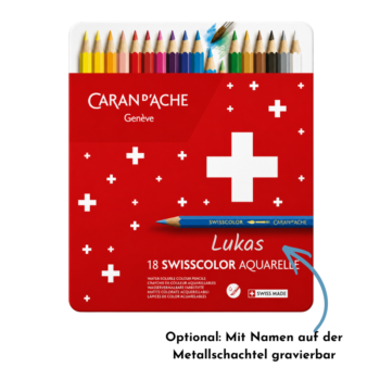 Rote Caran d’Ache Swisscolor Aquarelle Metallschachtel im 18er-Set mit optional gravierbarem Namen als persönliches Geschenk für Kinder.