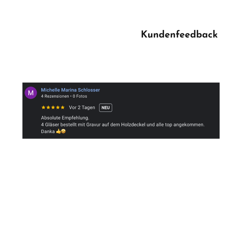 Kundenfeedback zu personalisierten Vorratsgläsern mit Gravur als Abschiedsgeschenk für Lehrpersonen, Kindergarten oder Schule.