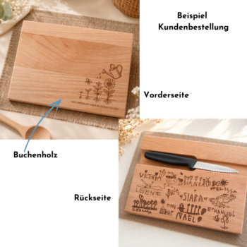 Buchenholz-Schneidebrett mit Motiv vorne und Kinderzeichnungen und Namen der Kinder (Unterschriften) auf der Rückseite als Abschiedsgeschenk für Lehrpersonen oder Kindergarten.