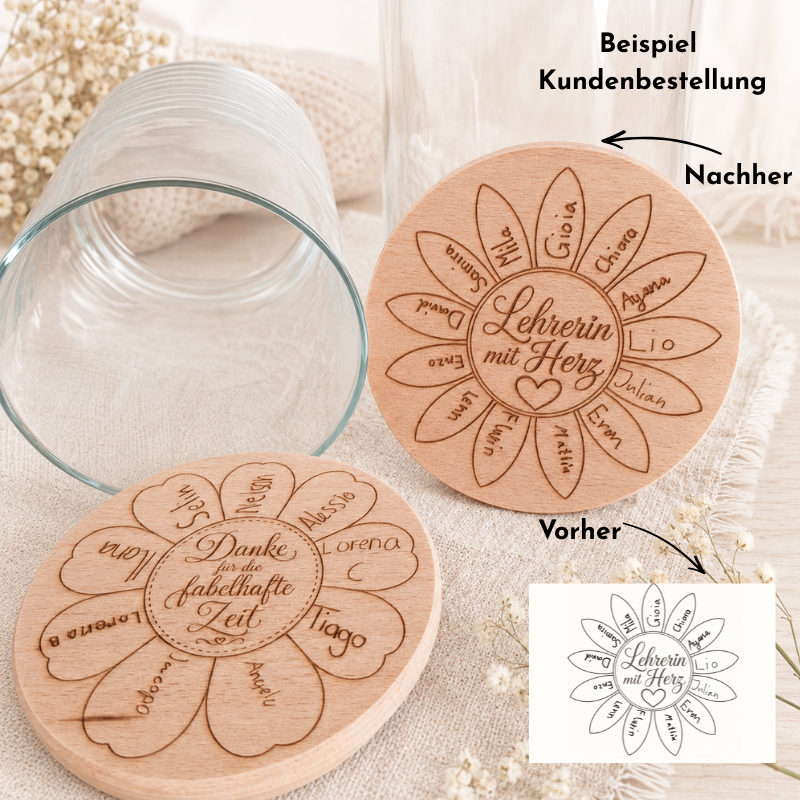 Vorratsglas mit graviertem Holzdeckel, Kinderzeichnungen und Namen als Abschiedsgeschenk für Lehrer oder Kindergarten mit Vorher-Nachher-Beispiel.