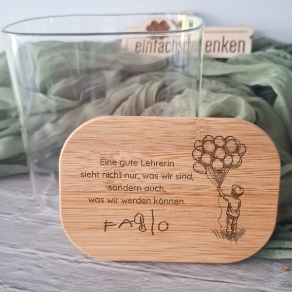 Personalisierbares Vorratsglas rechteckig als Abschiedsgeschenk für Lehrerin, Heilpädagogin oder Logopädin – mit Junge oder Mädchen-Motiv & Wunschtext & Name des Kindes graviert