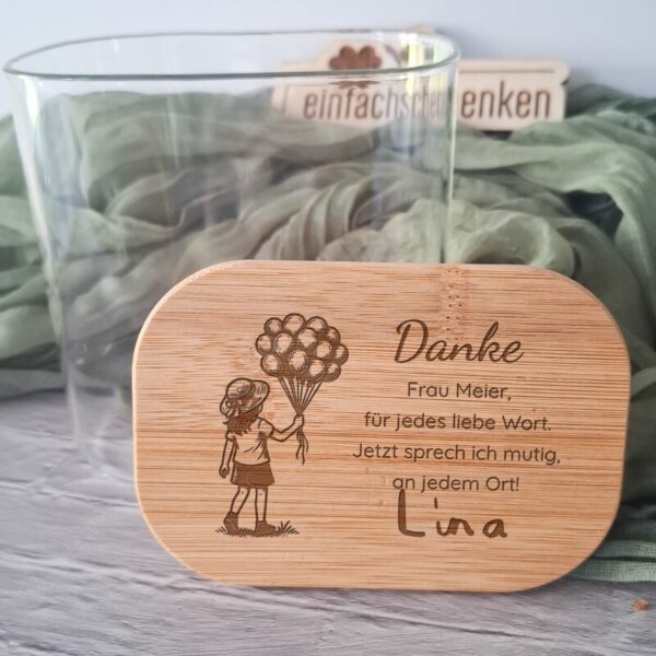 Personalisierbares Vorratsglas rechteckig als Abschiedsgeschenk für Lehrerin, Heilpädagogin oder Logopädin – mit Junge oder Mädchen-Motiv & Wunschtext & Name des Kindes graviert