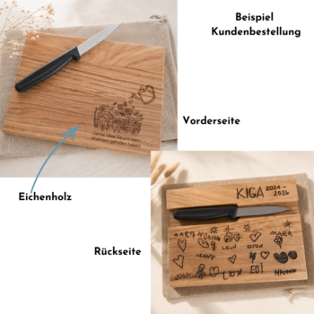 Eichenholz-Schneidebrett Wanderbrettli mit Gravur vorne und Kinderzeichnungen auf der Rückseite als Abschiedsgeschenk für Lehrpersonen oder Kindergarten, "Danke wachsen lassen"