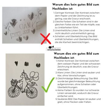 Gutes vs schlechtes BIld zum hochladen für die Personalisierung mit Kinderzeichnungen oder hand geschriebene Texte
