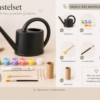 Bastelset für eine personalisierbare schwarze Giesskanne. Das Set enthält eine Giesskanne, sechs Acrylfarben, einen Acrylstift, einen Schaumstoffpinsel, einen normalen Pinsel, drei Wattestäbchen und eine Kartonrolle zum kreativen Gestalten.