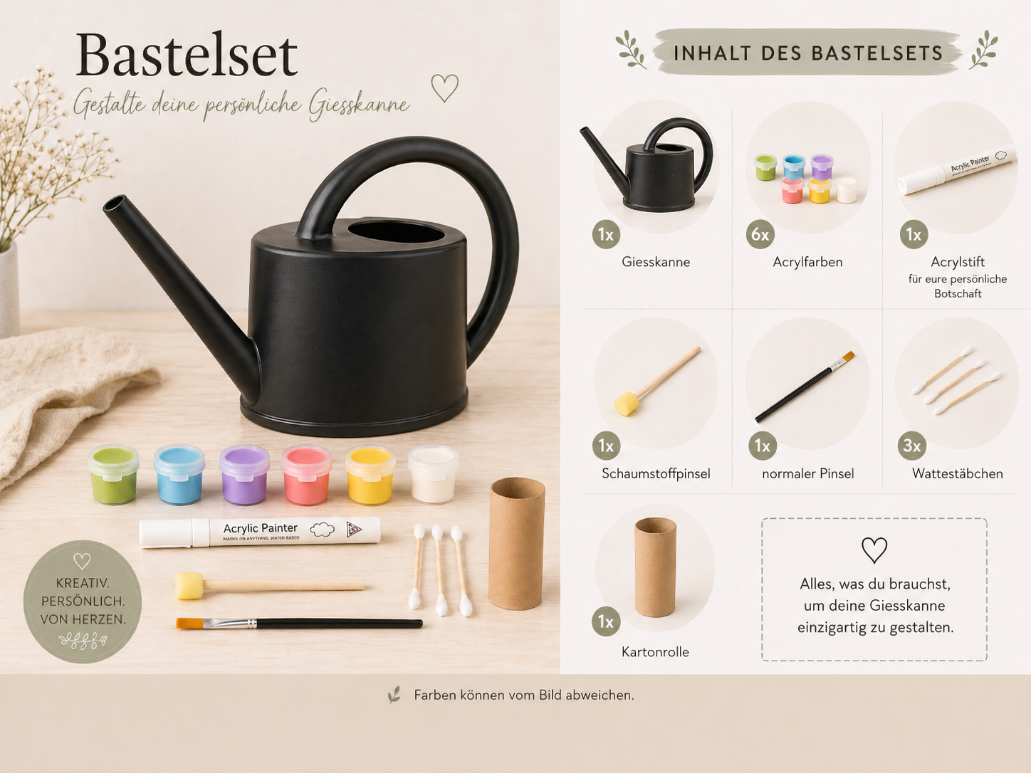 Bastelset für eine personalisierbare schwarze Giesskanne. Das Set enthält eine Giesskanne, sechs Acrylfarben, einen Acrylstift, einen Schaumstoffpinsel, einen normalen Pinsel, drei Wattestäbchen und eine Kartonrolle zum kreativen Gestalten.