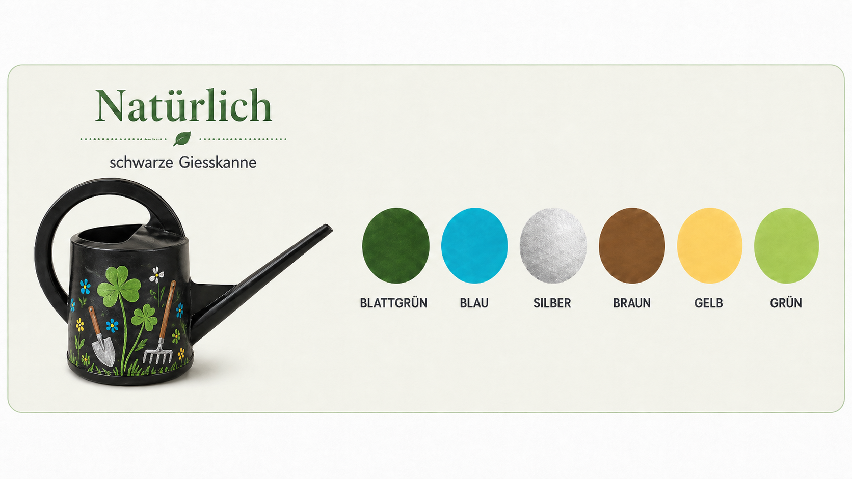 Schwarze Giesskanne aus Bastelset mit Farbauswahl für individuelle Gestaltung, inklusive Übersicht der verfügbaren Farben wie Grün, Blau, Silber und Gelb