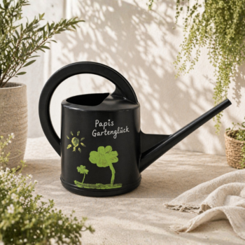 Schwarz lackierte Giesskanne mit Kinderzeichnung und Schriftzug „Papis Gartenglück“ als selbst gestaltetes Geschenk aus Bastelset für den Vatertag
