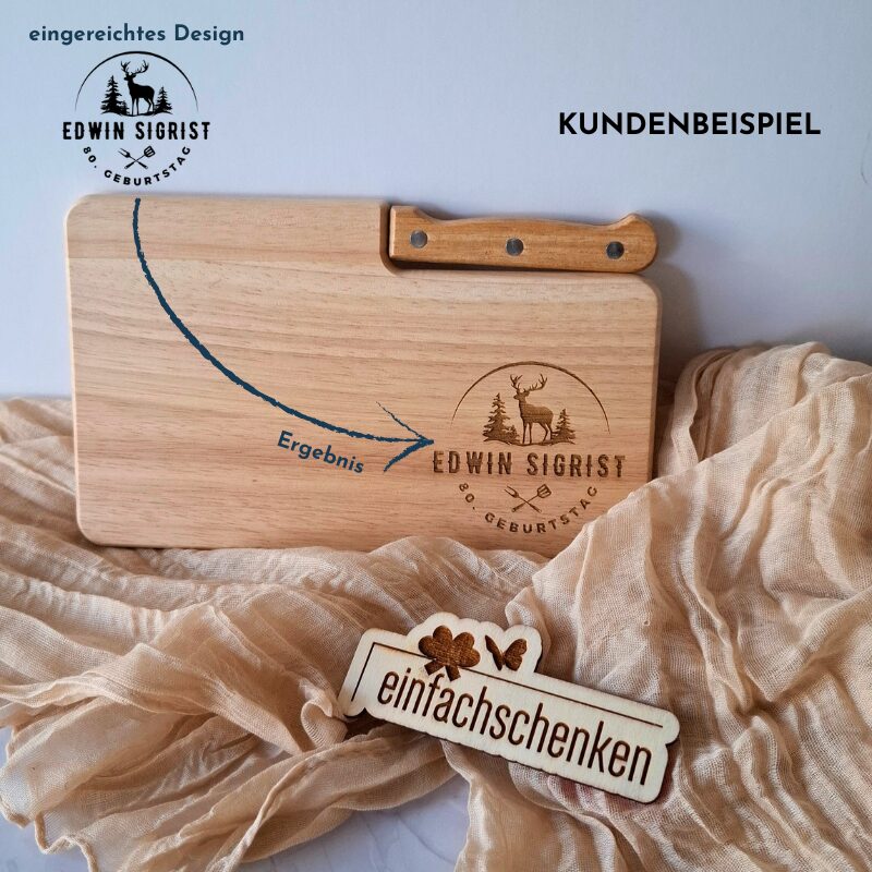 Personalisiertes Schneidebrett wanderbrettli Aperobrettli mit Messer eigenes Design 80. Geburtstag Kundenbeispiel