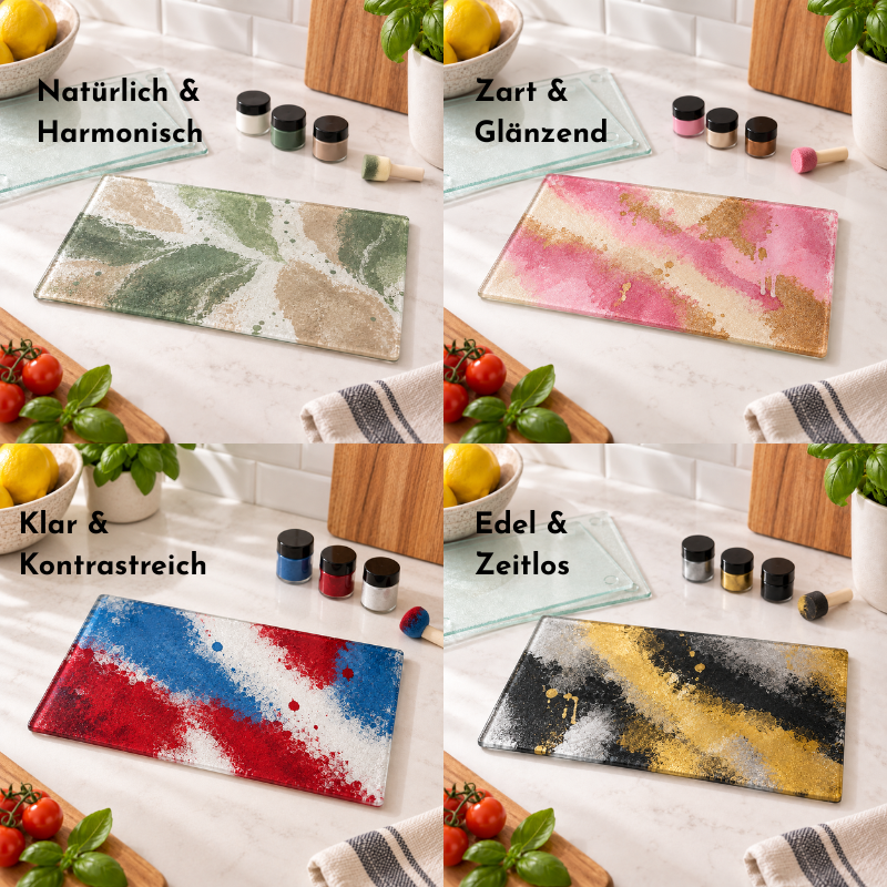 Weitere Farbkombinationen für das Chäsbrättli-bemalen-Kreativset auf Glas-Schneidebrettern: Natürlich & Harmonisch, Zart & Glänzend, Klar & Kontrastreich sowie Edel & Zeitlos.