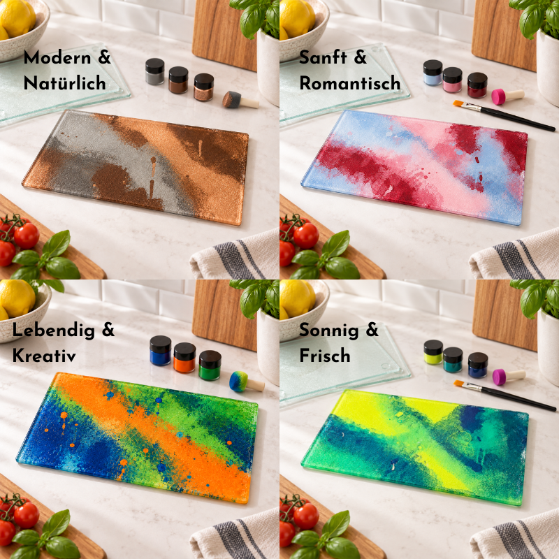 Vier Farbkombinationen für das Chäsbrättli-bemalen-Kreativset auf bemalten Glas-Schneidebrettern: Modern & Natürlich, Sanft & Romantisch, Lebendig & Kreativ sowie Sonnig & Frisch.