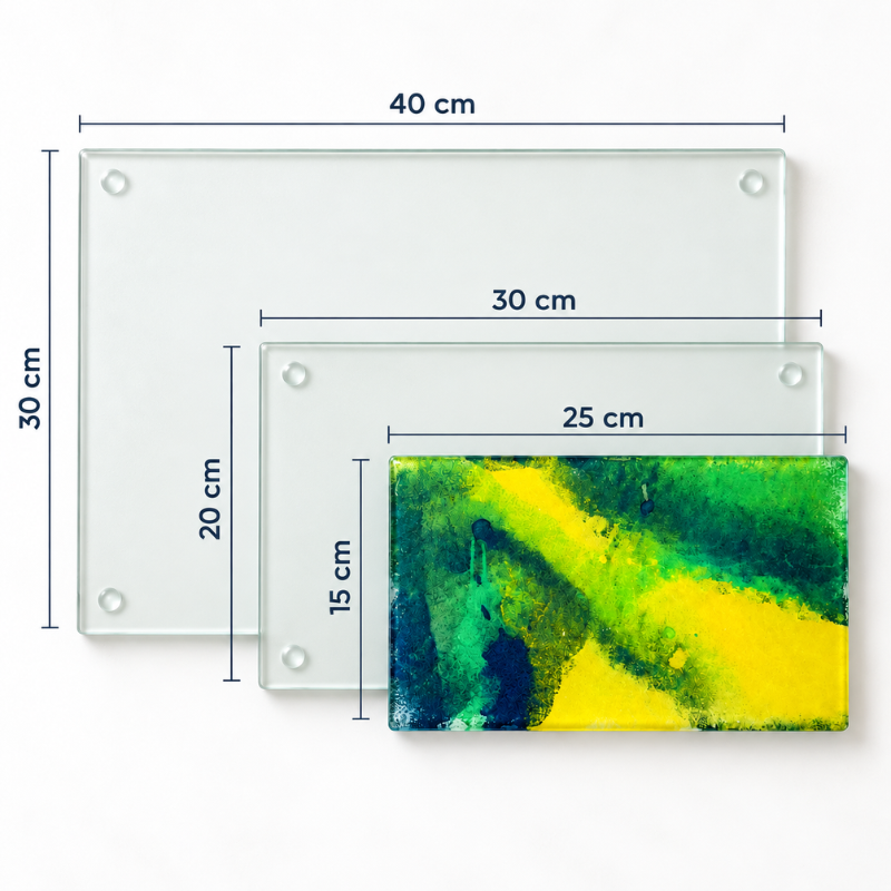 Grössenvergleich der Glas-Schneidebretter im Chäsbrättli-bemalen-Kreativset: 25 × 15 cm, 30 × 20 cm und 40 × 30 cm.