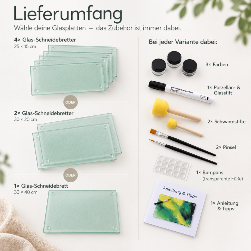 Lieferumfang des Chäsbrättli-bemalen-Kreativsets mit Glas-Schneidebrettern in drei Grössen, Farben, Glasstift, Schwammstiften, Pinseln und Anleitung, Geschenke basteln und selber machen