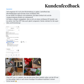 Kundenfeedback zum digitalen Wichtelfahrplan mit persönlichem Erfahrungsbericht und Screenshot der Planung für einen sichtbaren Wichtel im Einsatz