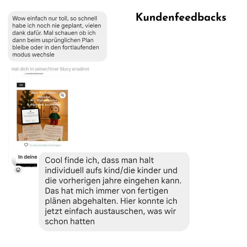 Kundenfeedbacks zum digitalen Wichtel-Fahrplan von EinfachSchenken: Eltern erzählen, wie sie mit den Wichtelbriefen und Ideen ihren Advent einfach planen und individuell gestalten konnten. Das Bild zeigt echte Rückmeldungen zufriedener Familien, die den Wichtel-Fahrplan mit Unterstützung des Wichtelassistenten genutzt haben.