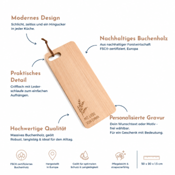 Infografik eines personalisierbaren Servierbretts aus FSC-zertifiziertem Buchenholz mit Gravur, Lederschlaufe und Grösse 50 × 20 cm.